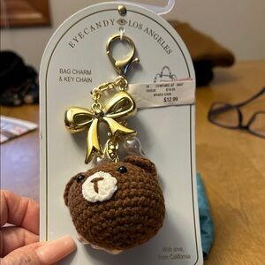 Eye Candy Brown Bear Keychain with Gold Bow